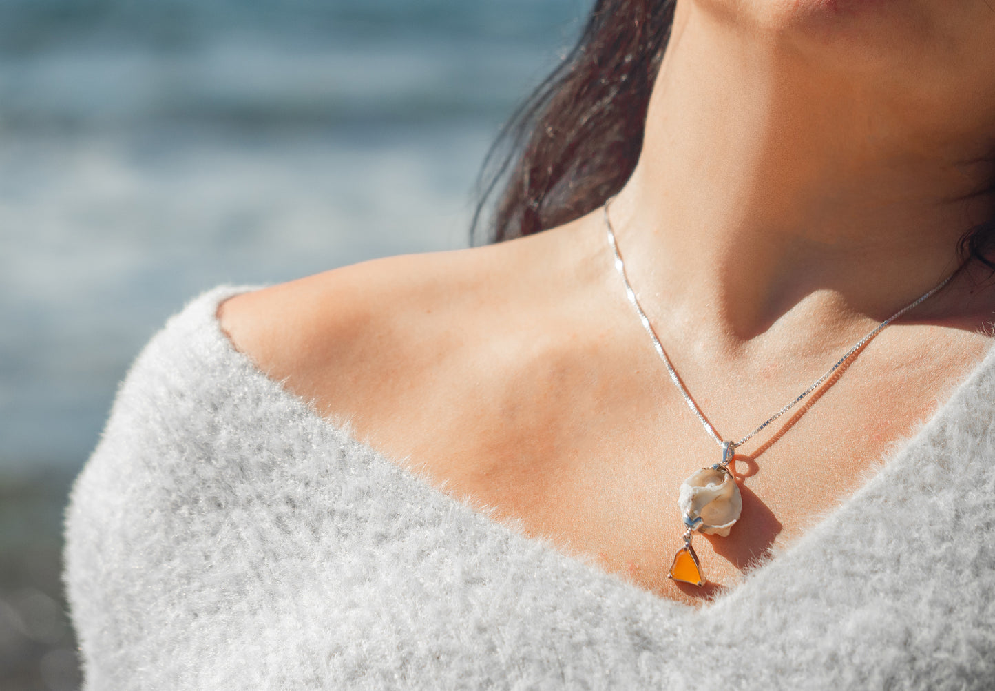 Unique Seashell & Orange Sea glass Pendant Necklace