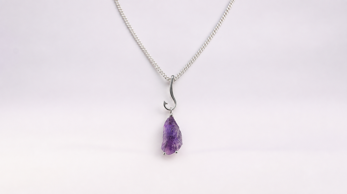 Unique Hand-Carved Amethyst Fish Pendant in Sterling Silver