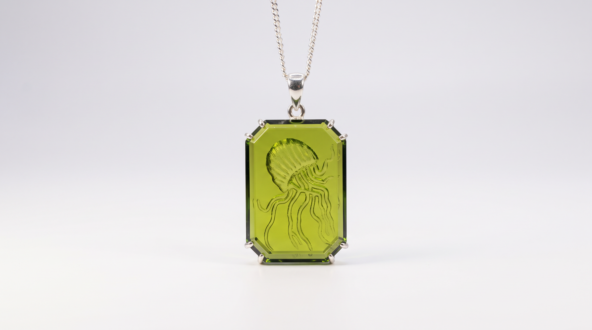 Hand-Carved Sea Glass Jellyfish Pendant Necklace in Rhodium-Plated Sterling Silver