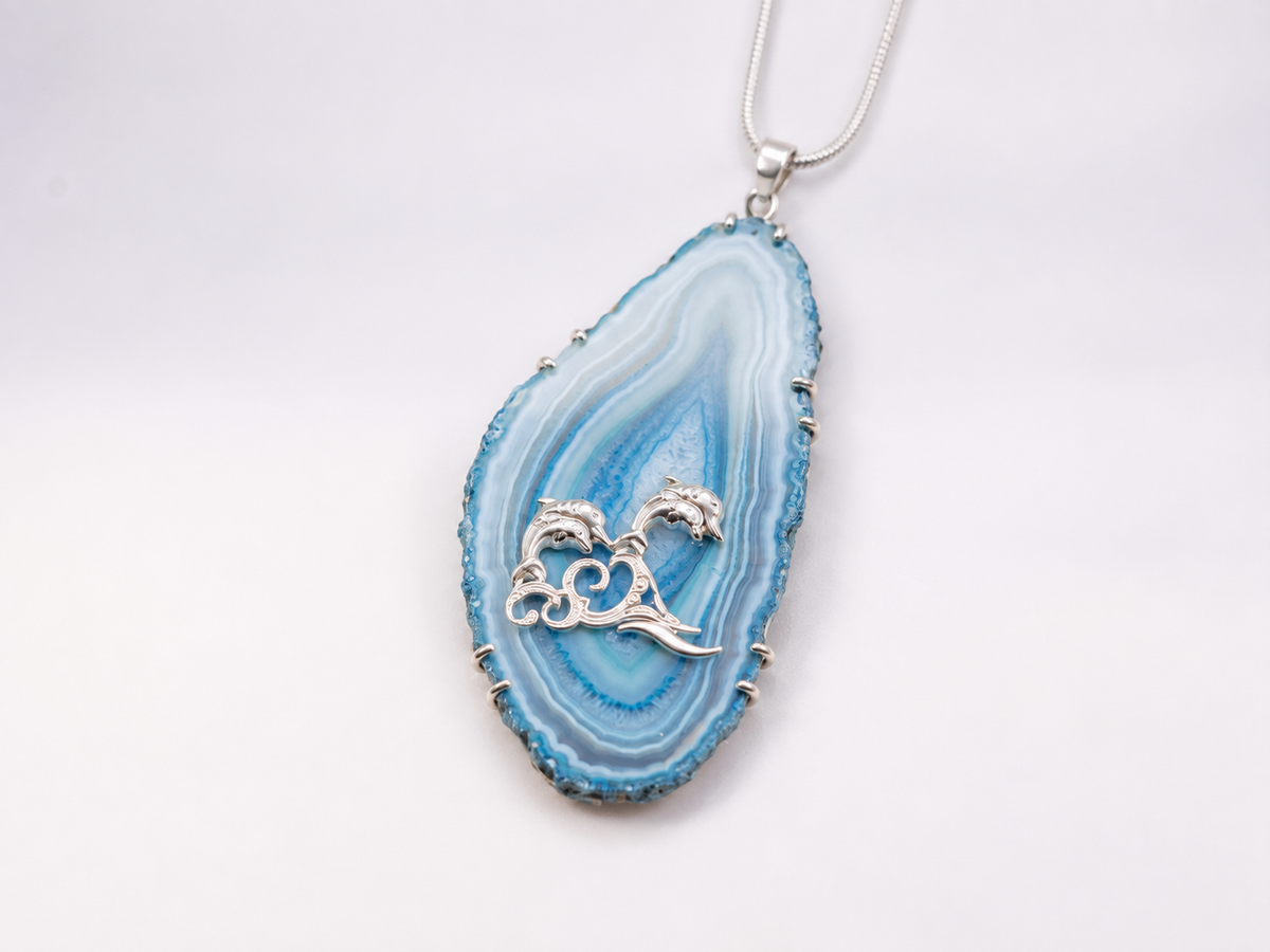 Handcrafted Sterling Silver Blue Agate Slice Necklace