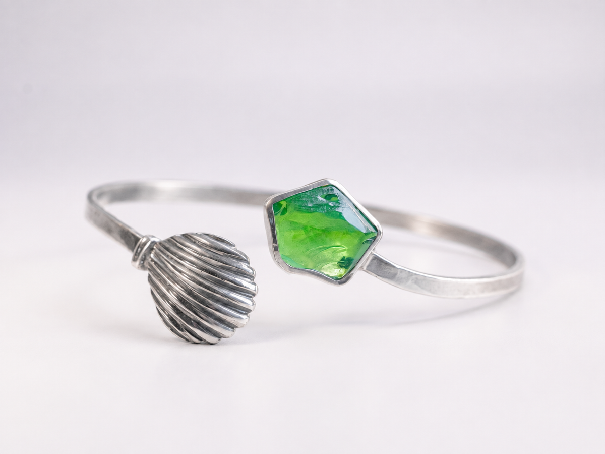 One-of-a-Kind Sterling Silver Scallop Shell & Green Sea Glass Bangle