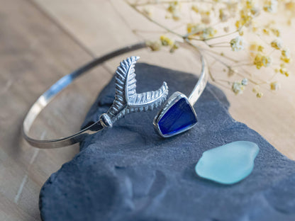 One-of-a-Kind Sterling Silver Whale Tail & Blue Sea Glass Bangle