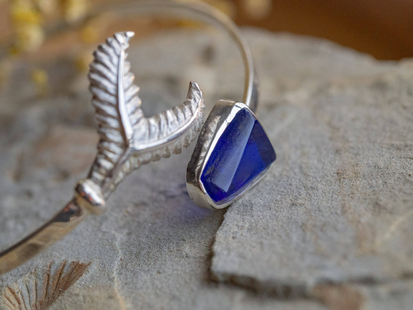 One-of-a-Kind Sterling Silver Whale Tail & Blue Sea Glass Bangle