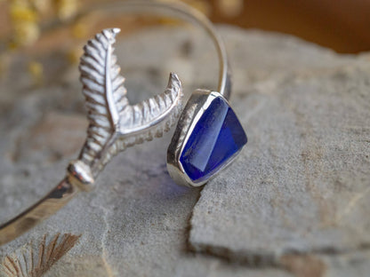 One-of-a-Kind Sterling Silver Whale Tail & Blue Sea Glass Bangle