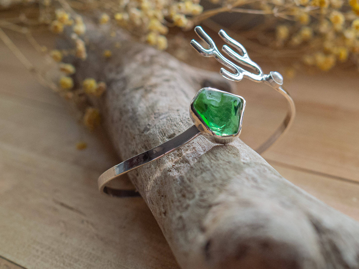 Handcrafted One of a Kind Sterling Silver Sea Glass and Pearl Bangle