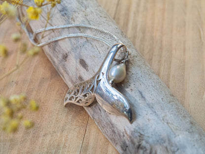 Sterling Silver Hand-Carved Whale Tail Necklace with Cultured Pearl