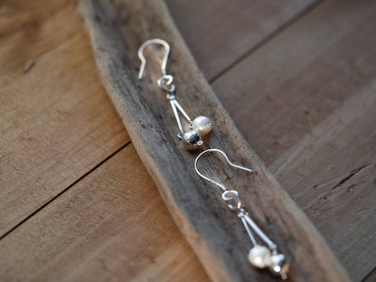 Handcrafted Rhodium-Plated Sterling Silver Moon & Pearl Drop Earrings
