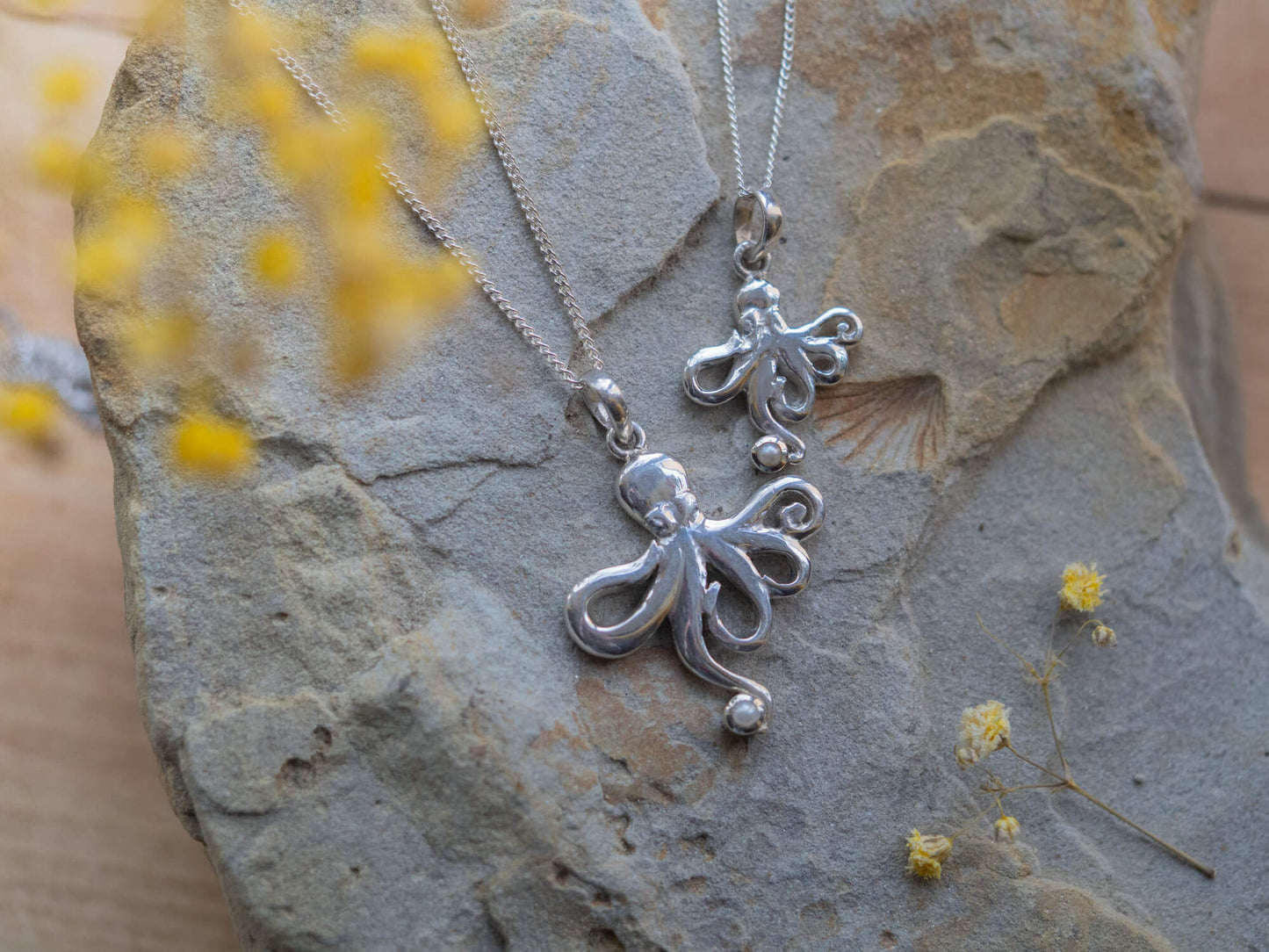 Handcrafted Sterling Silver Mother & Daughter Octopus Necklace with Pearl Set of 2