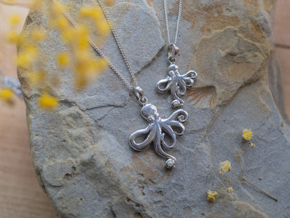 Handcrafted Sterling Silver Mother & Daughter Octopus Necklace with Pearl Set of 2