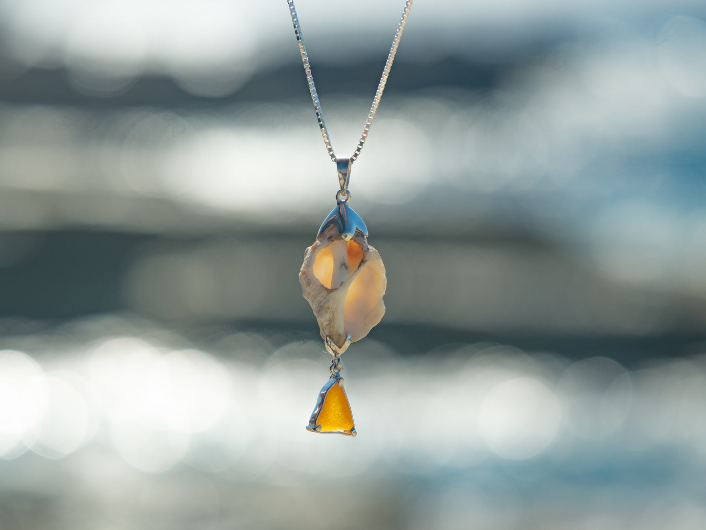Unique Seashell & Orange Sea glass Pendant Necklace
