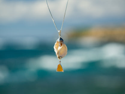 Unique Seashell & Orange Sea glass Pendant Necklace
