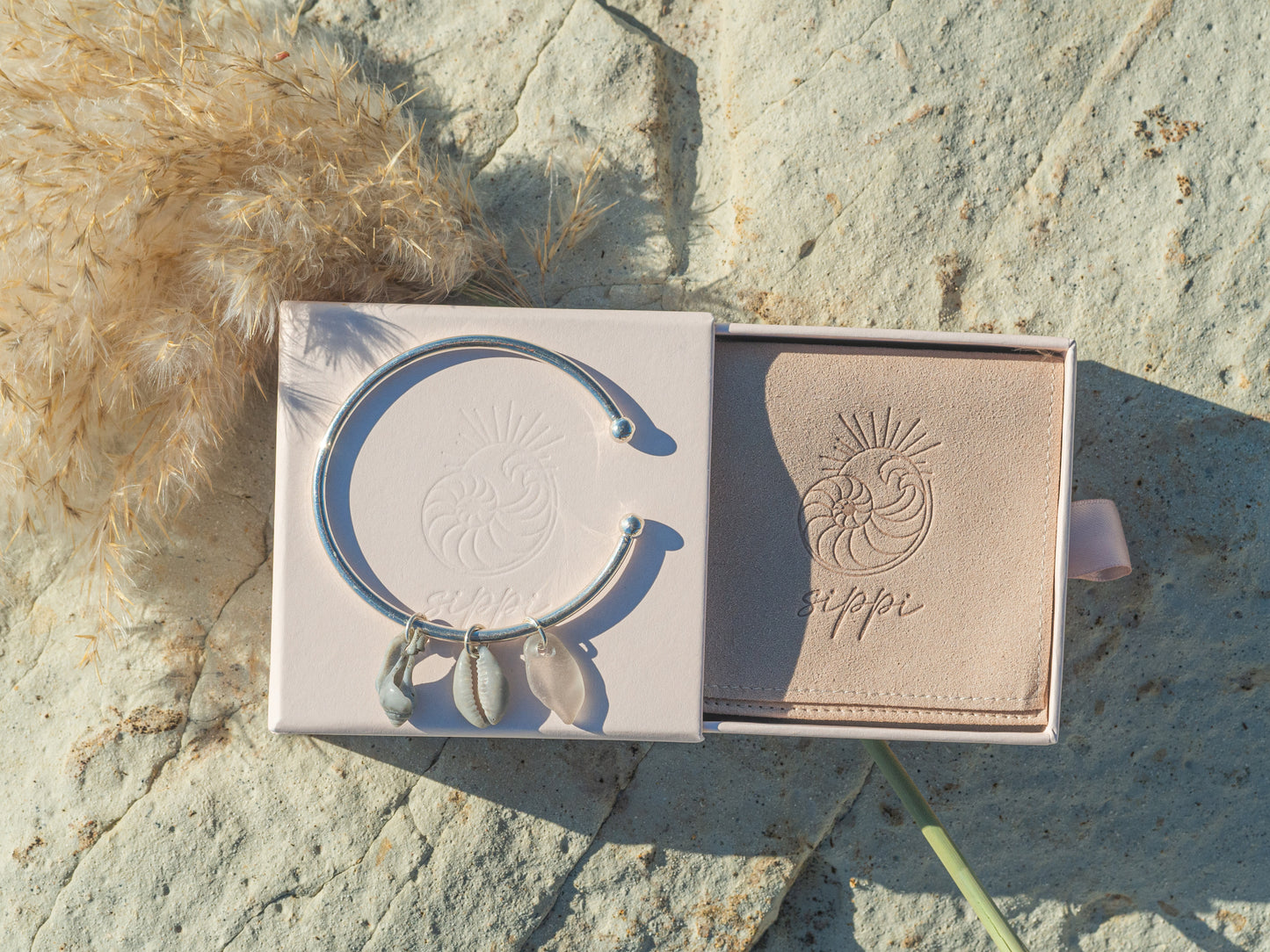 Unique Adjustable Seashell and Sea glass Charm Bangle