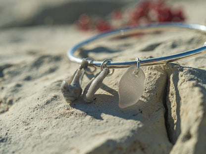 Unique Adjustable Seashell and Sea glass Charm Bangle