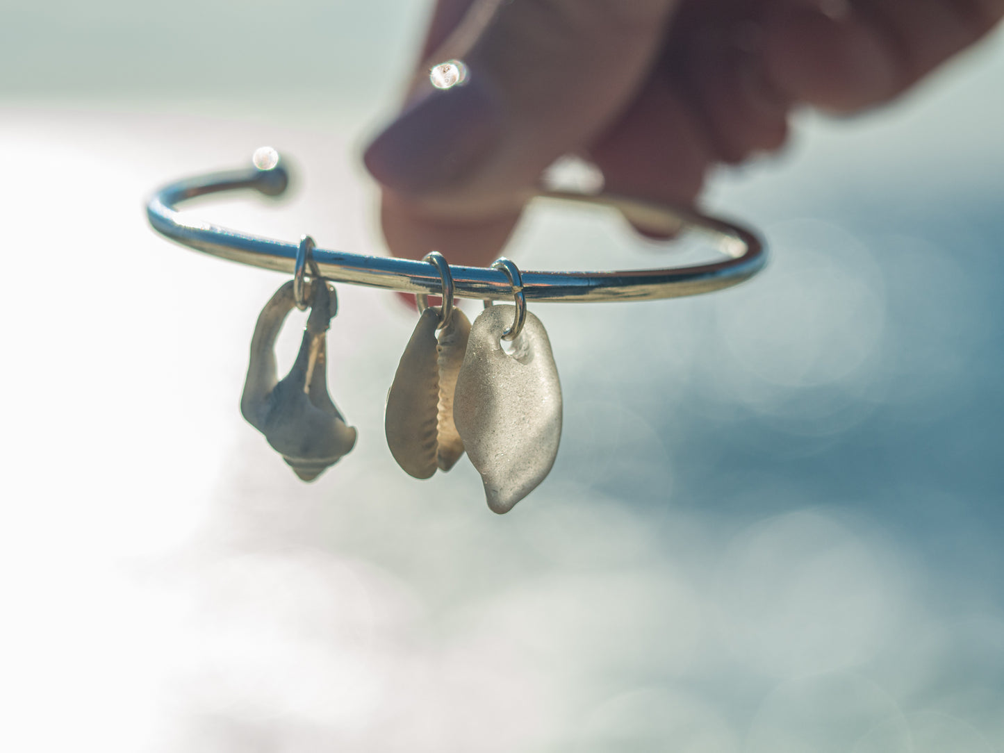 Unique Adjustable Seashell and Sea glass Charm Bangle