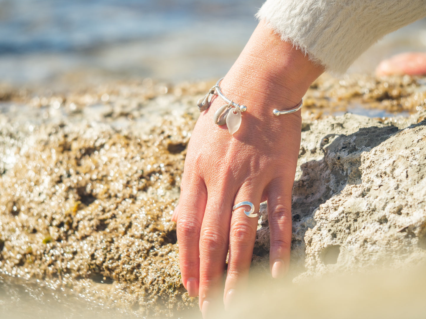 Unique Adjustable Seashell and Sea glass Charm Bangle