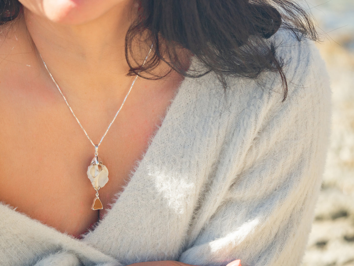 Unique Seashell & Orange Sea glass Pendant Necklace