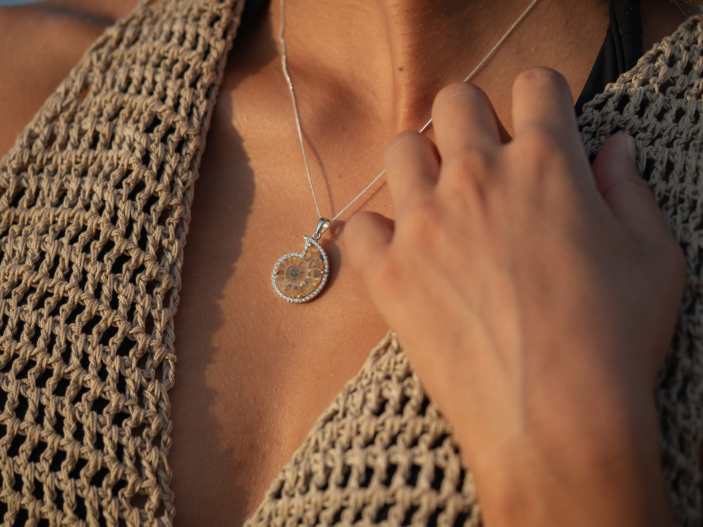 Bejewelled Ammonite Fossil Necklace in Sterling Silver