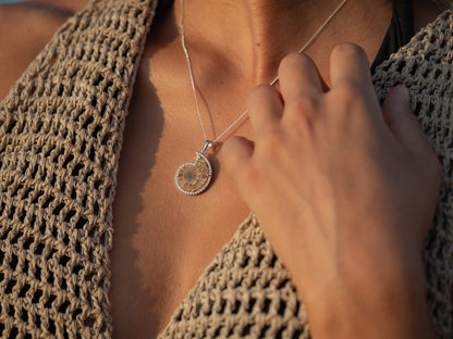 Bejewelled Ammonite Fossil Necklace in Sterling Silver