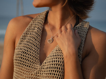 Bejewelled Ammonite Fossil Necklace in Sterling Silver