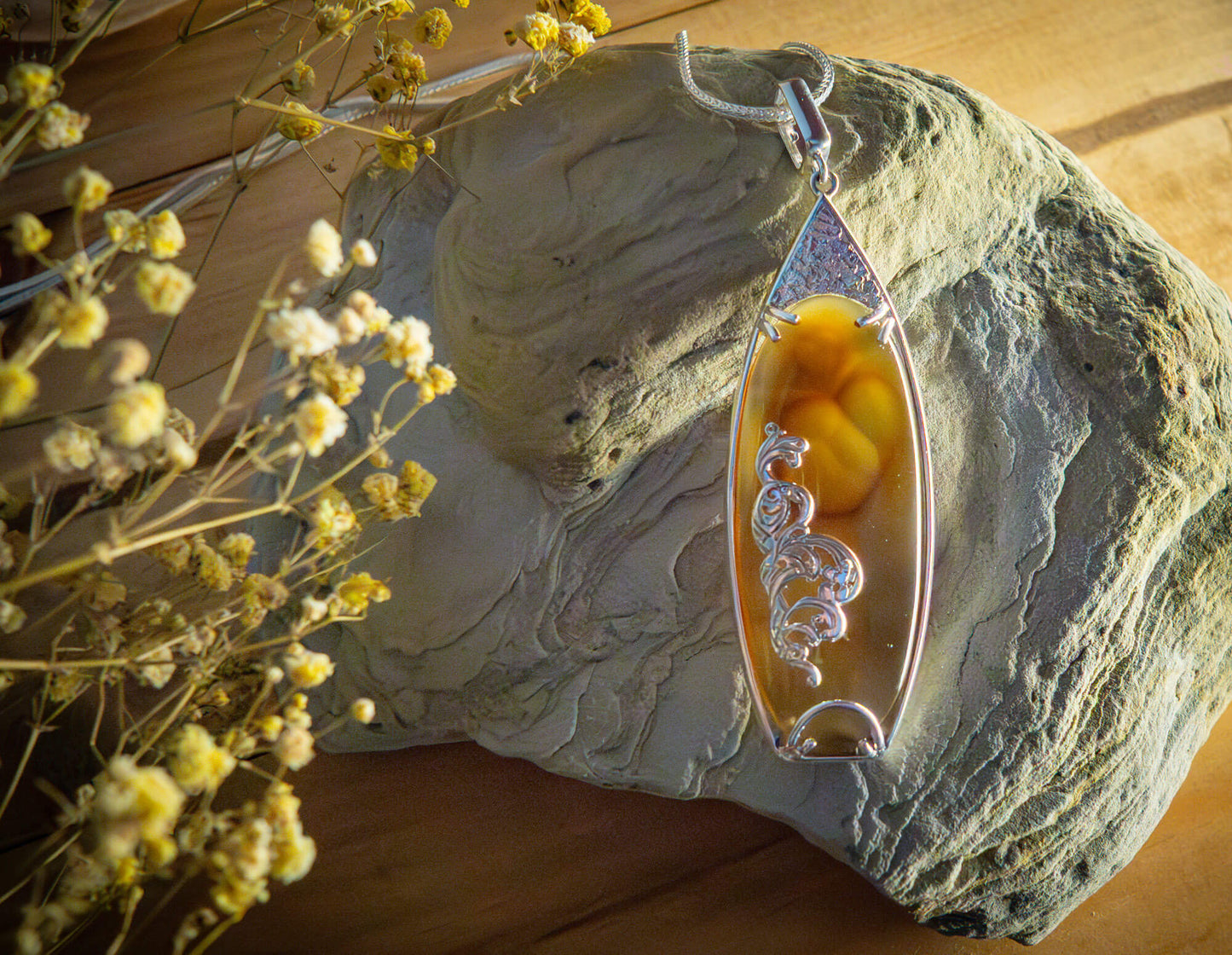 Unique Natural Honey Agate Sterling Silver Pendant Necklace