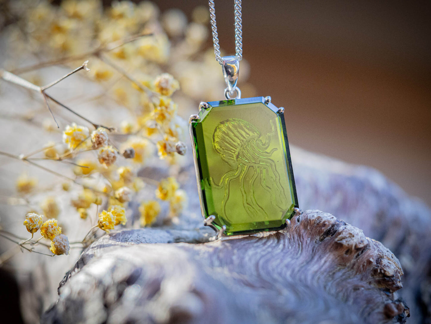 Hand-Carved Sea Glass Jellyfish Pendant Necklace in Rhodium-Plated Sterling Silver