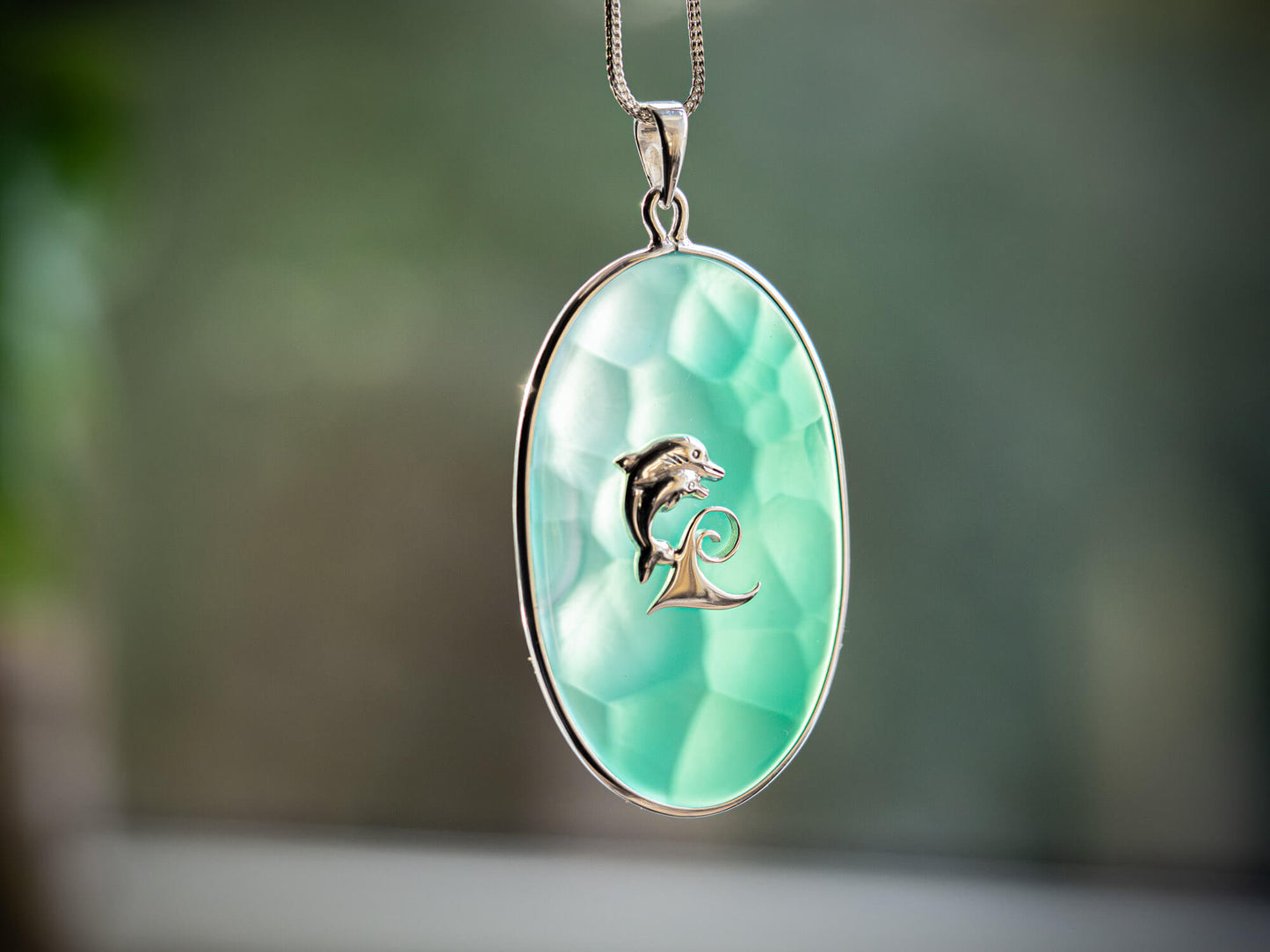 Unique Handcrafted Sterling Silver Green Agate Dolphin Necklace