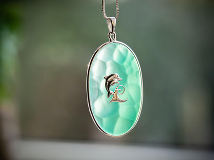Unique Handcrafted Sterling Silver Green Agate Dolphin Necklace