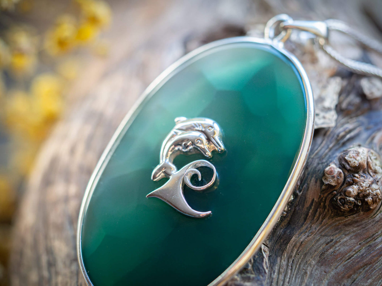 Unique Handcrafted Sterling Silver Green Agate Dolphin Necklace