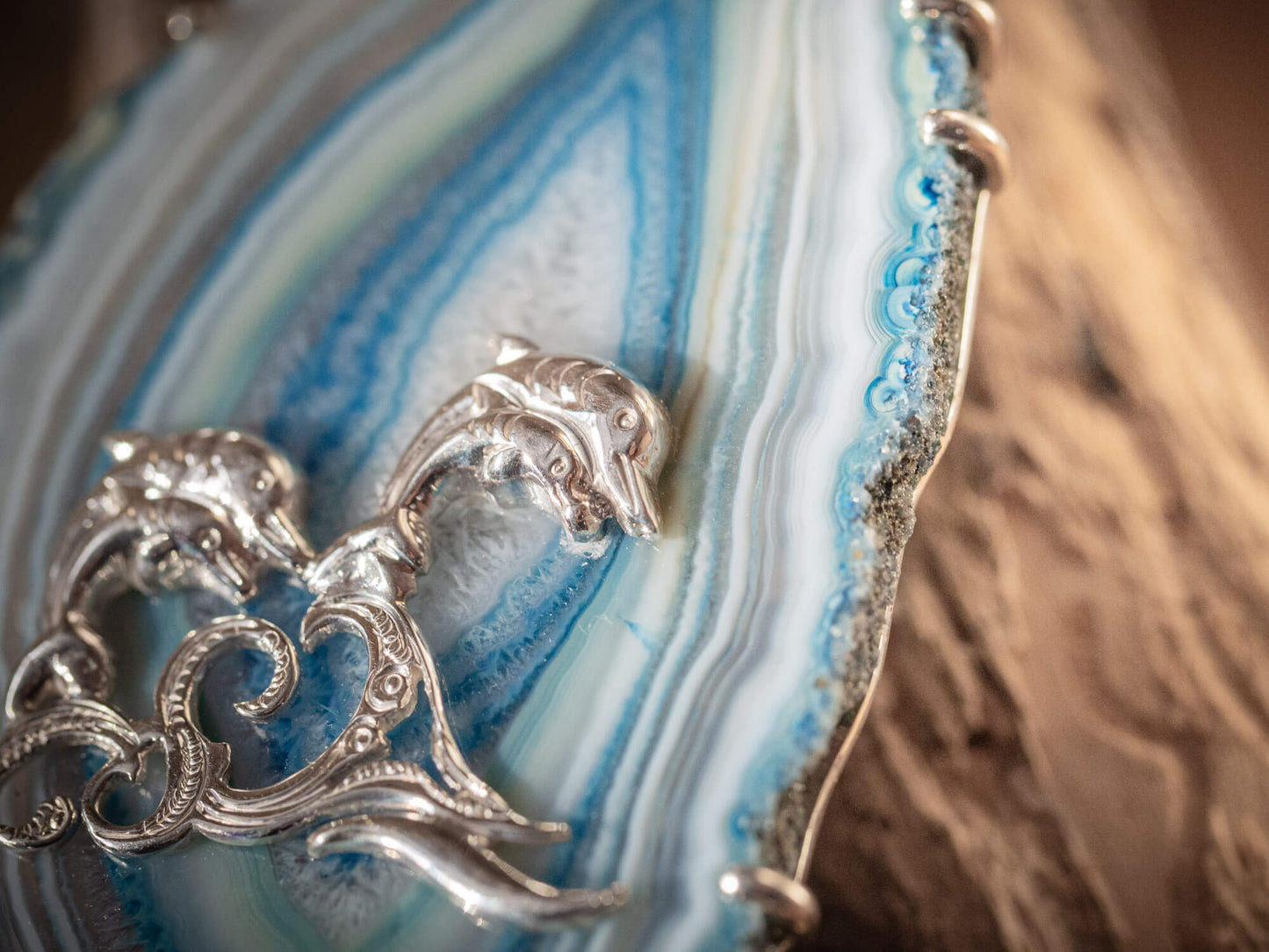 Handcrafted Sterling Silver Blue Agate Slice Necklace