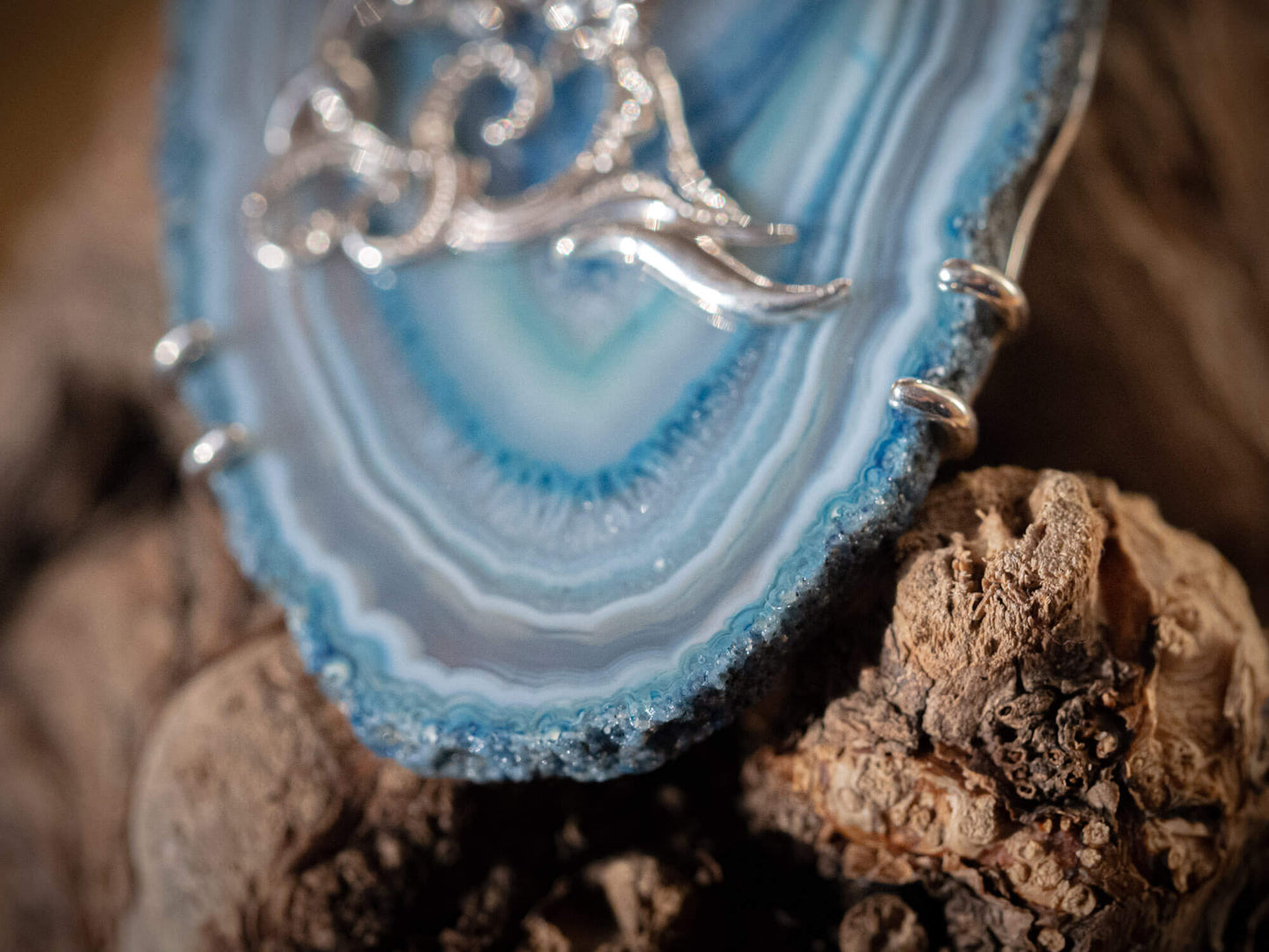 Handcrafted Sterling Silver Blue Agate Slice Necklace