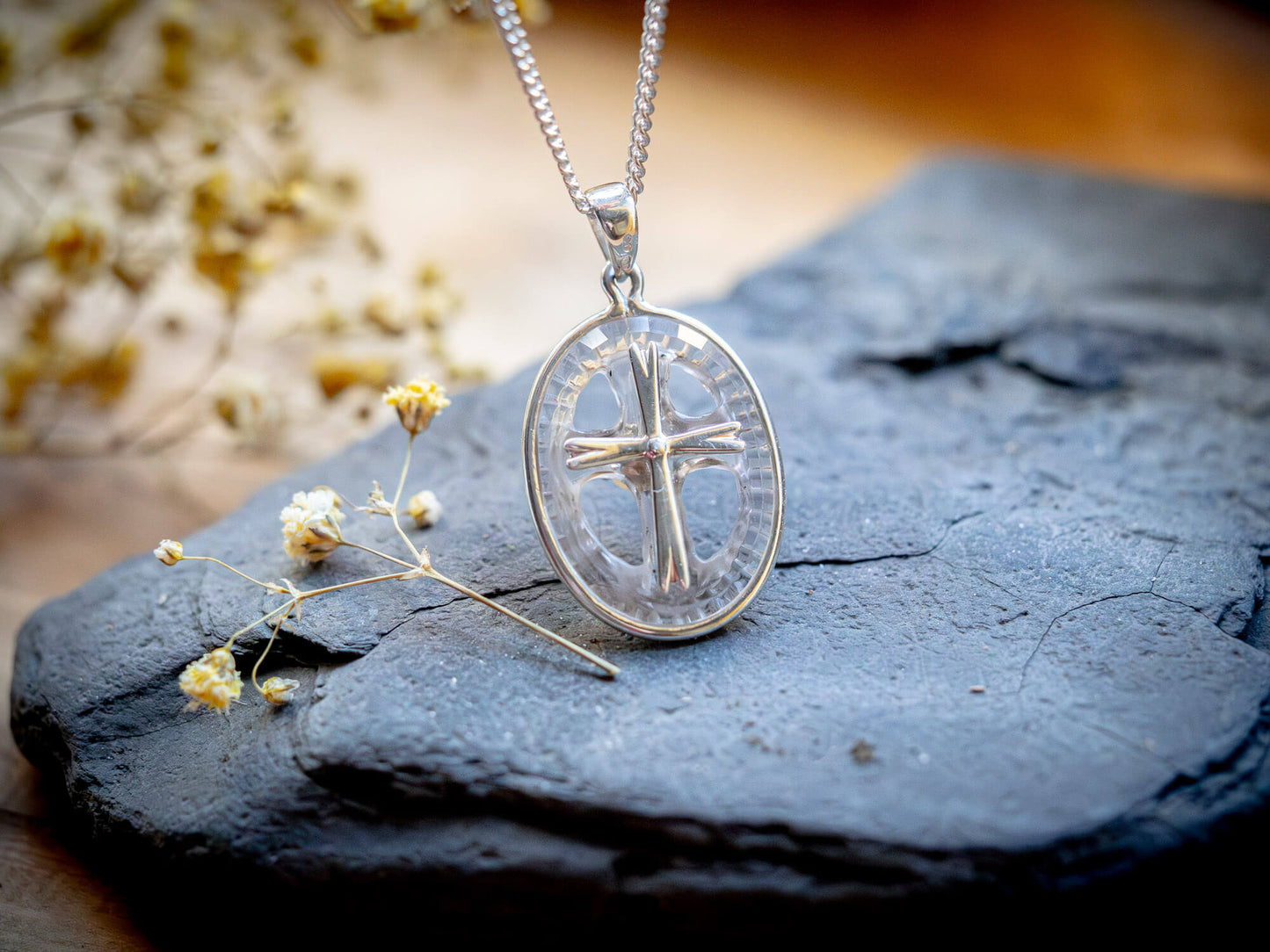 Unique Handcrafted Sterling Silver Natural quartz  & Pearl Cross Pendant – Double-Sided