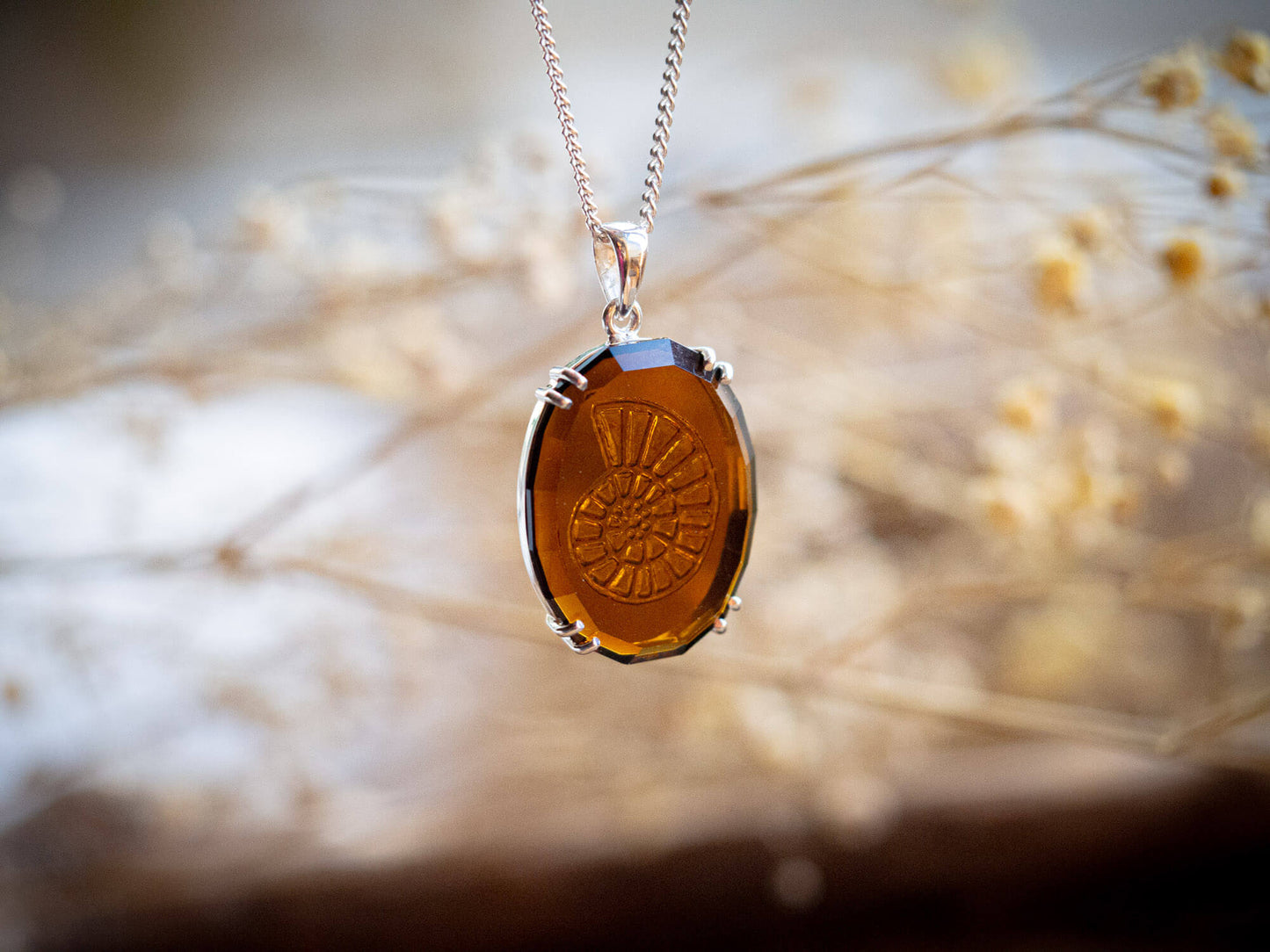 Sterling Silver Amber Sea Glass Spiral Pendant Necklace