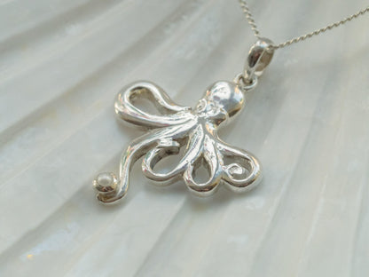 Handcrafted Sterling Silver Mother Octopus Necklace with Pearl