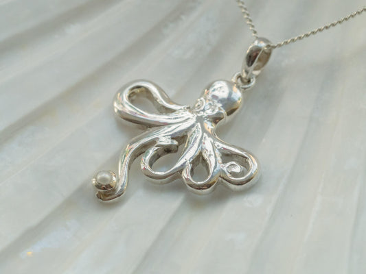 Handcrafted Sterling Silver Mother & Daughter Octopus Necklace with Pearl Set of 2