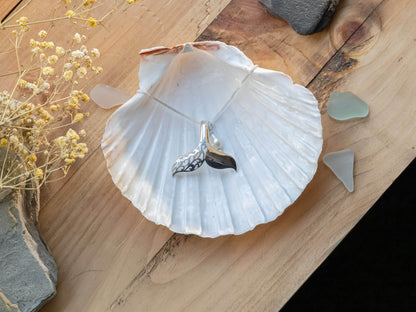 Sterling Silver Hand-Carved Whale Tail Necklace with Cultured Pearl