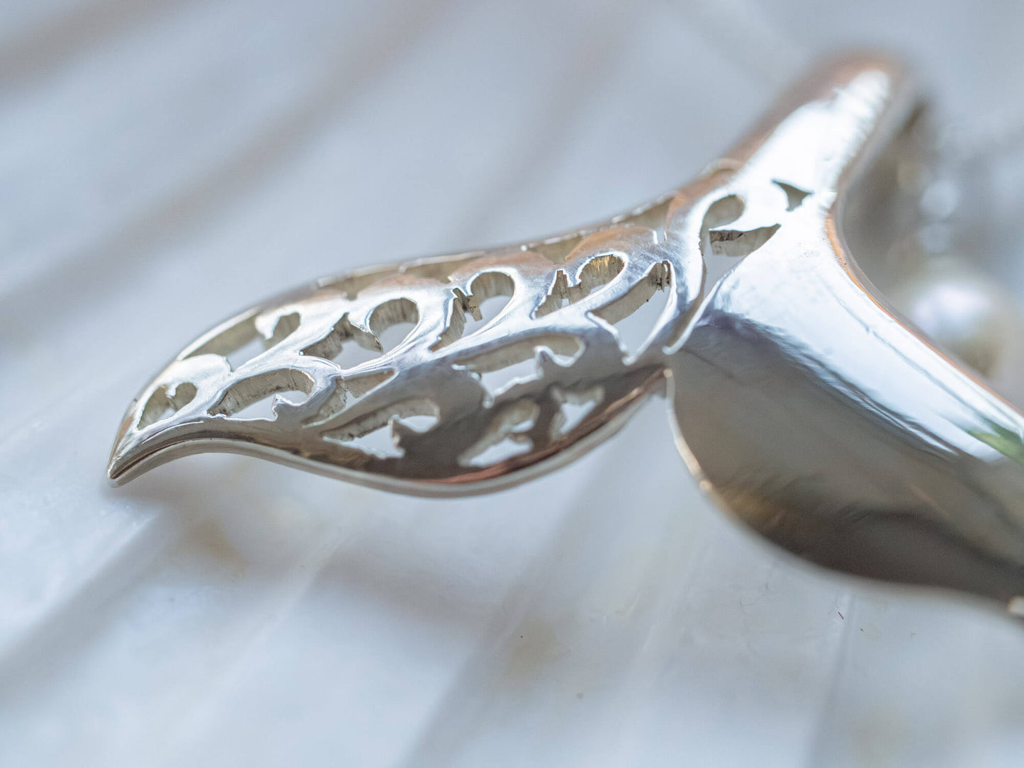 Sterling Silver Hand-Carved Whale Tail Necklace with Cultured Pearl