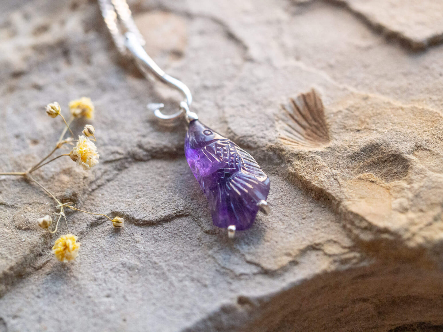 Unique Hand-Carved Amethyst Fish Pendant in Sterling Silver