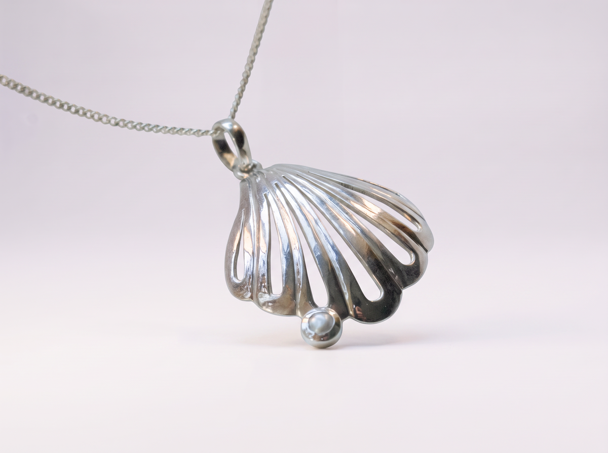 Handcrafted Sterling Silver Unique Seashell Necklace with Freshwater Cultured Pearl