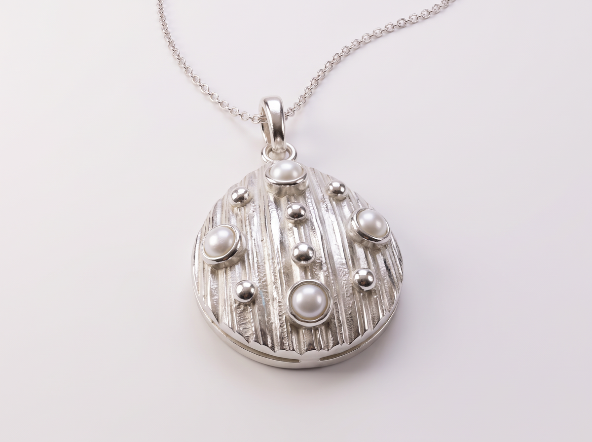 Handcrafted Sterling Silver Scallop Shell Necklace with Cultured Pearl