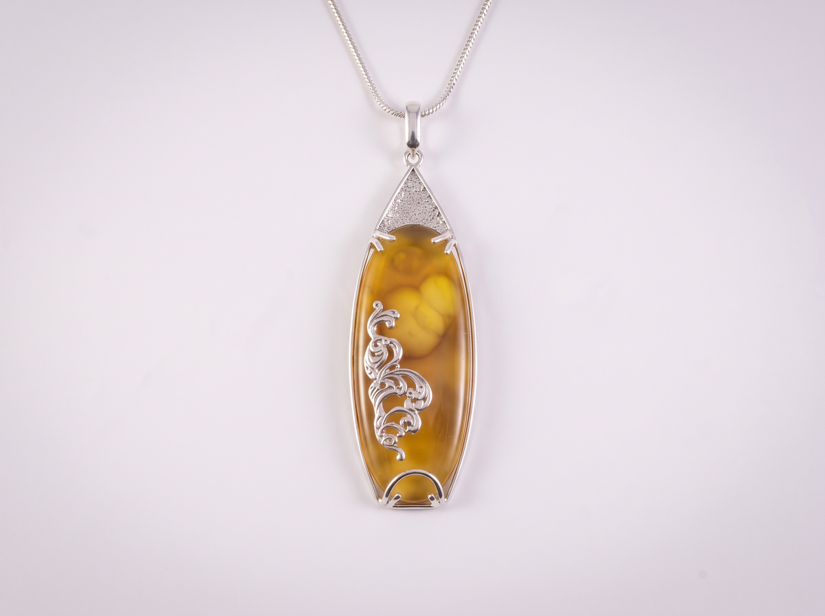 Unique Natural Honey Agate Sterling Silver Pendant Necklace