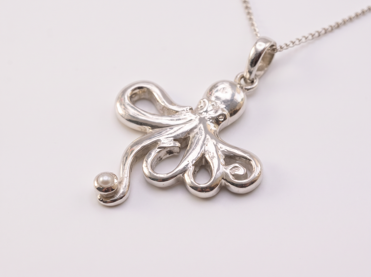Handcrafted Sterling Silver Mother Octopus Necklace with Pearl