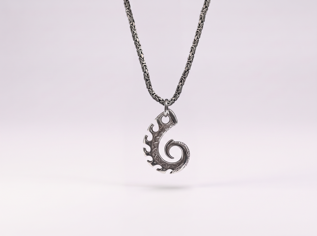 Nautilus Seahorse Guardian Sterling Silver Pendant with Handmade Byzantine Chain