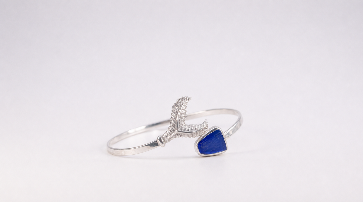One-of-a-Kind Sterling Silver Whale Tail & Blue Sea Glass Bangle